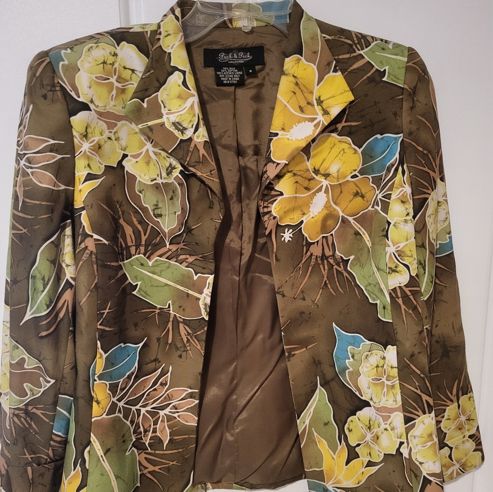 Peck & Peck Collection Womens Open Front Jacket Green Hawaiian Floral Silk